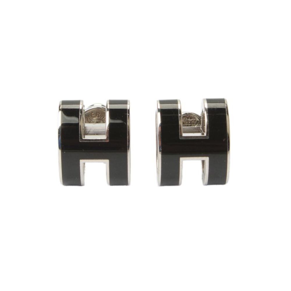 Hermes Womens Silver Tone Black Enamel Pop H Stud Earrings